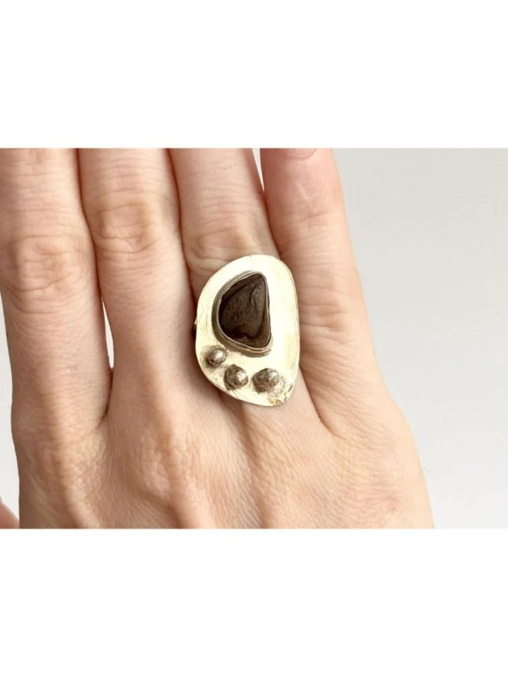 Modernist Freeform Brown Stone Beaded Sterling Silver 925 Vintage Ring - sz 5.25